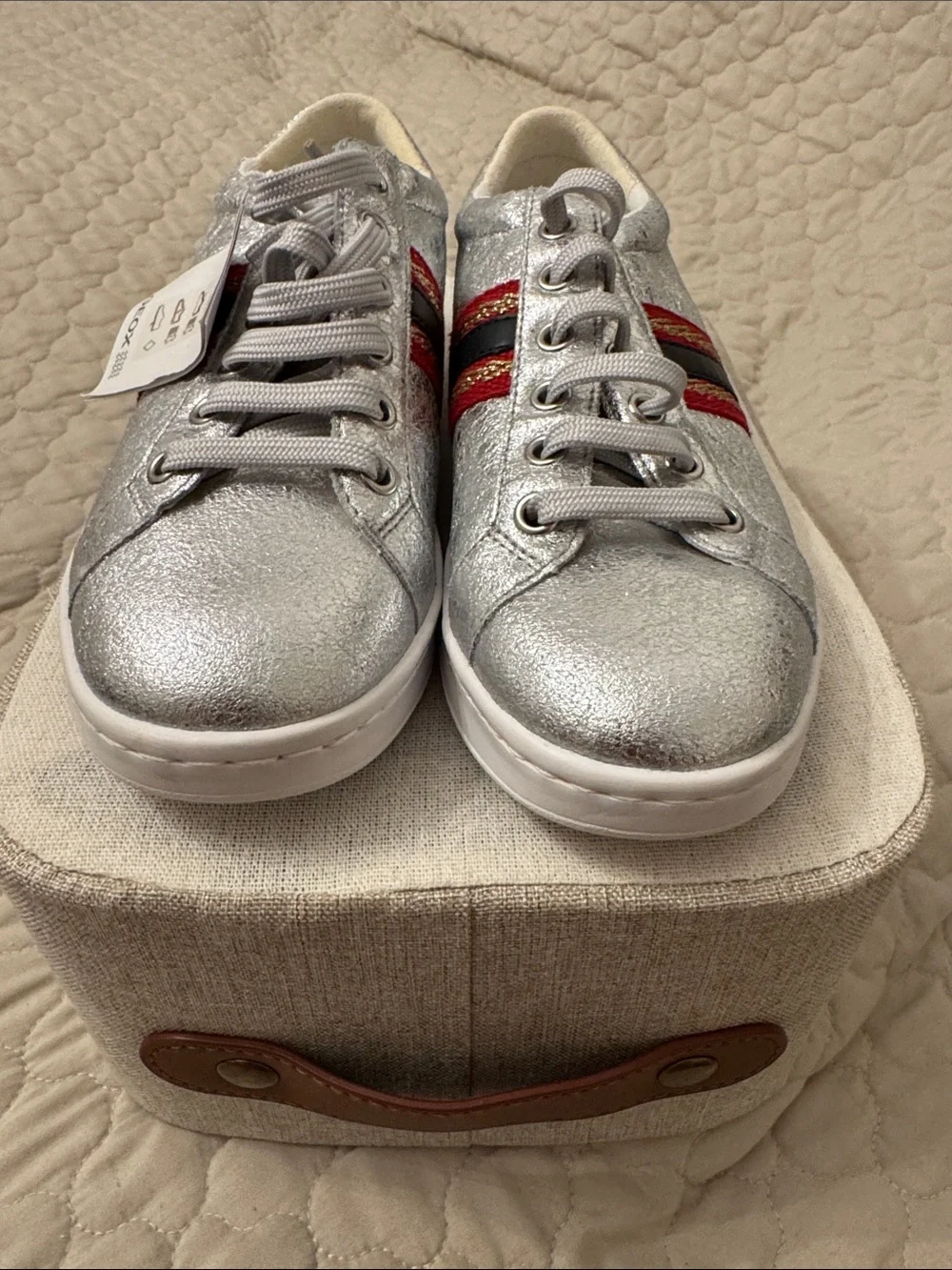 Geox Silver Metallic Sneakers with Red and Black Stripe Detail